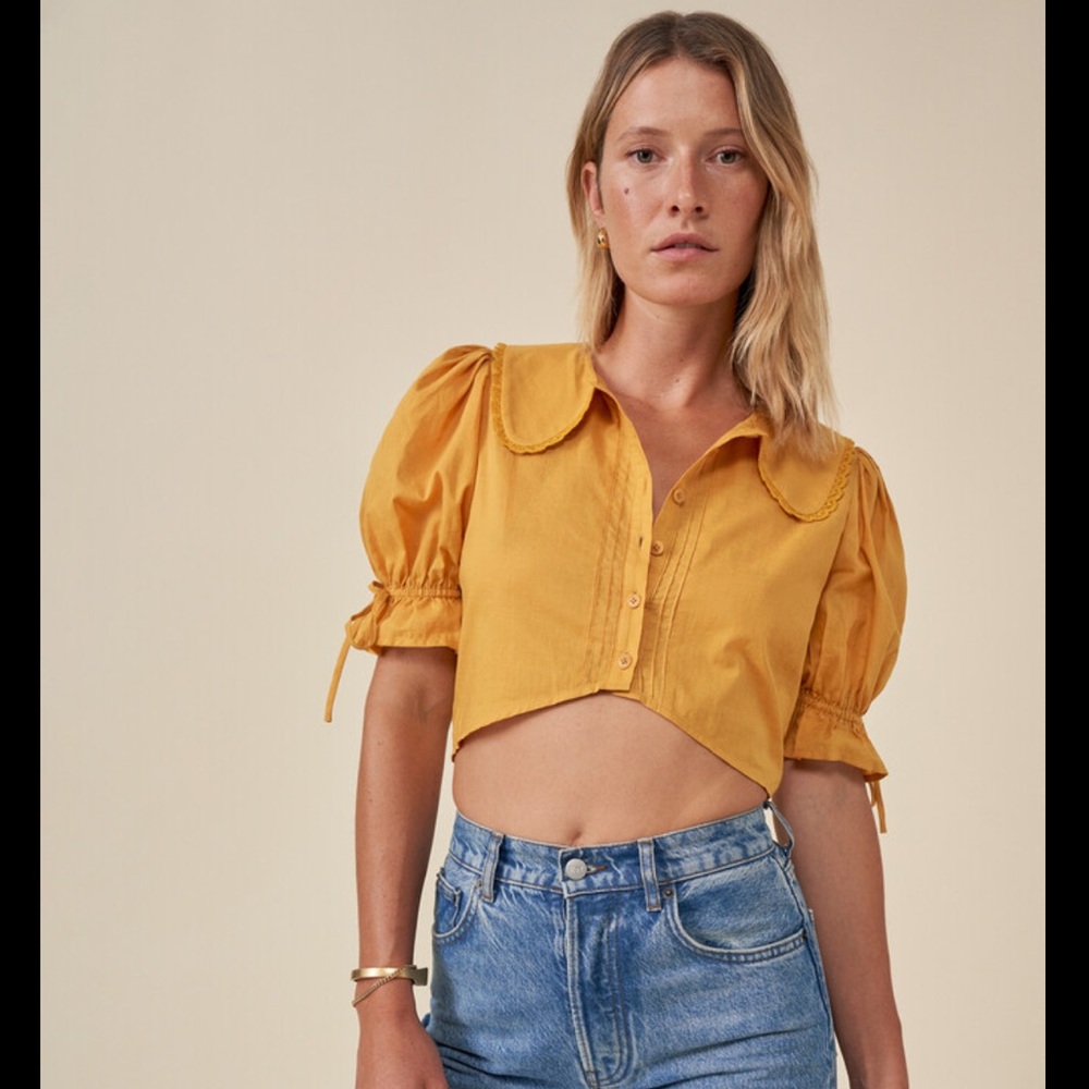 Reformation Mustard Yellow Cropped Puff Sleeve Blouse